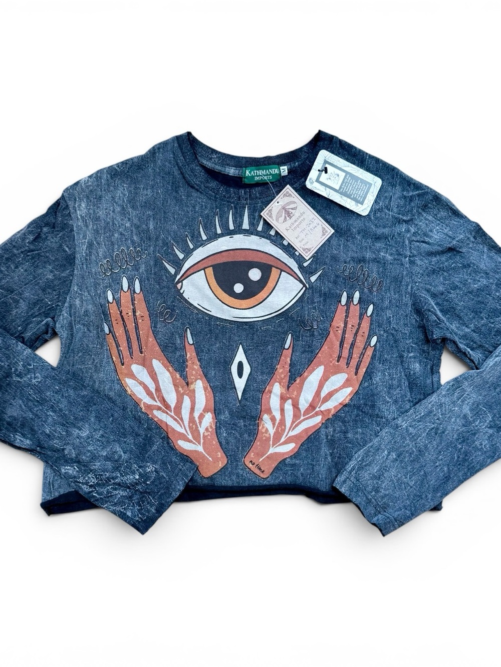 Kathmandu Distressed Navy Graphic Eye & Hands Long Sleeve Crop Top